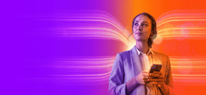 Woman looking up with device 1